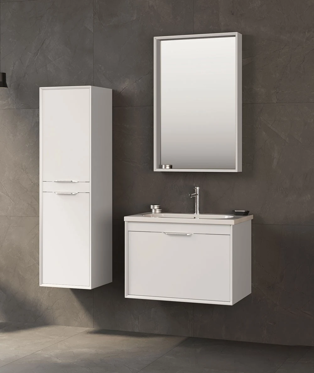 Orka Clay 100 CM Tek Çekmeceli Banyo Dolabı Takımı + Boy Dolabı Dahil Beyaz