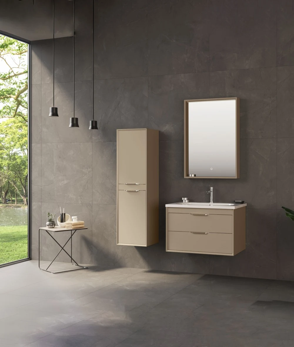 Orka Clay 100 CM Çift Çekmeceli Banyo Dolabı Takımı + Boy Dolabı Dahil Sahra